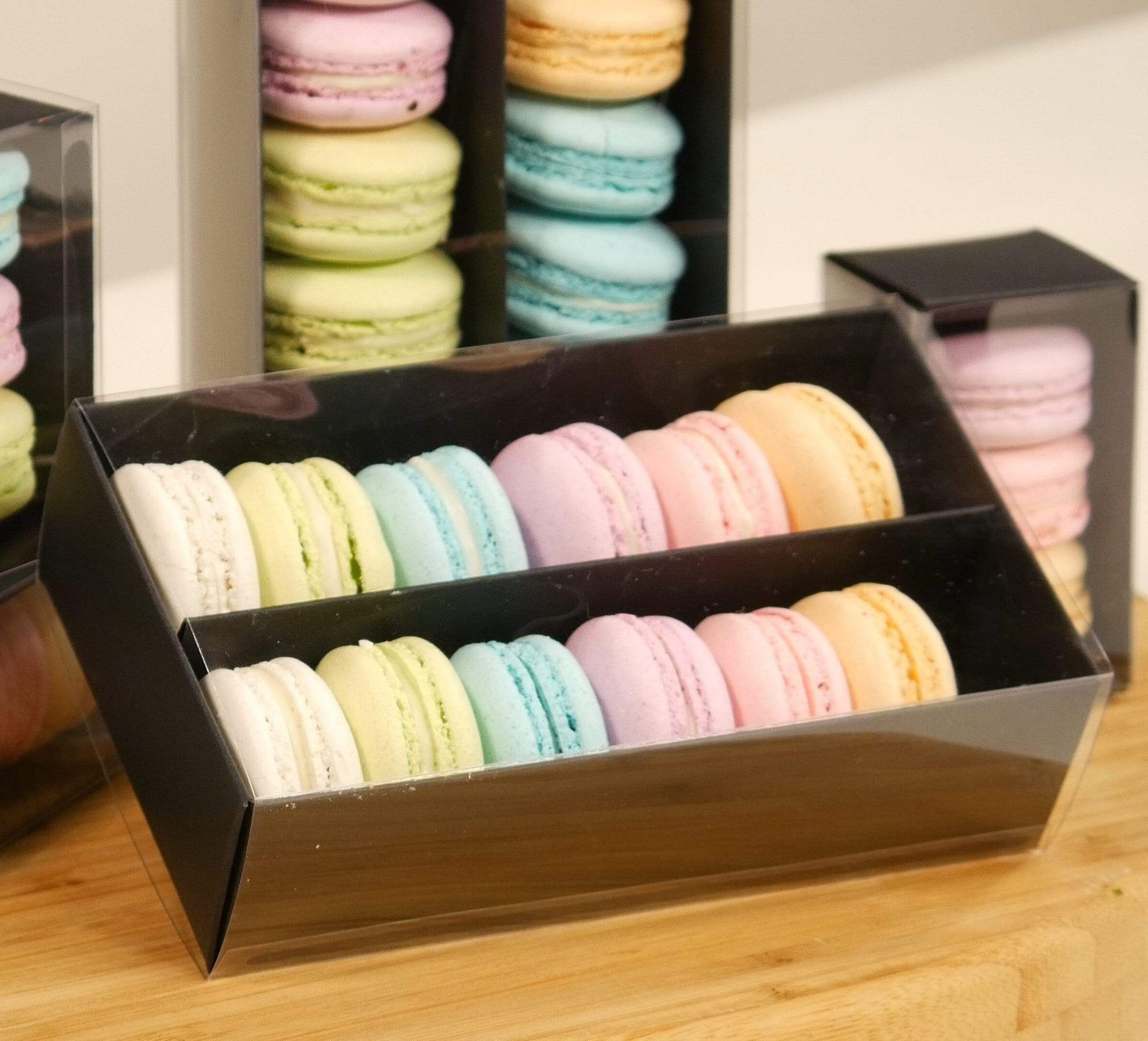 12 Macaron Dessert Box with Clear Slide Cover - Black Designer Range