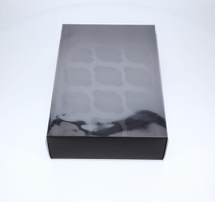 12 Regular Cupcake Boxes with Clear Slide Cover - Black Designer Range