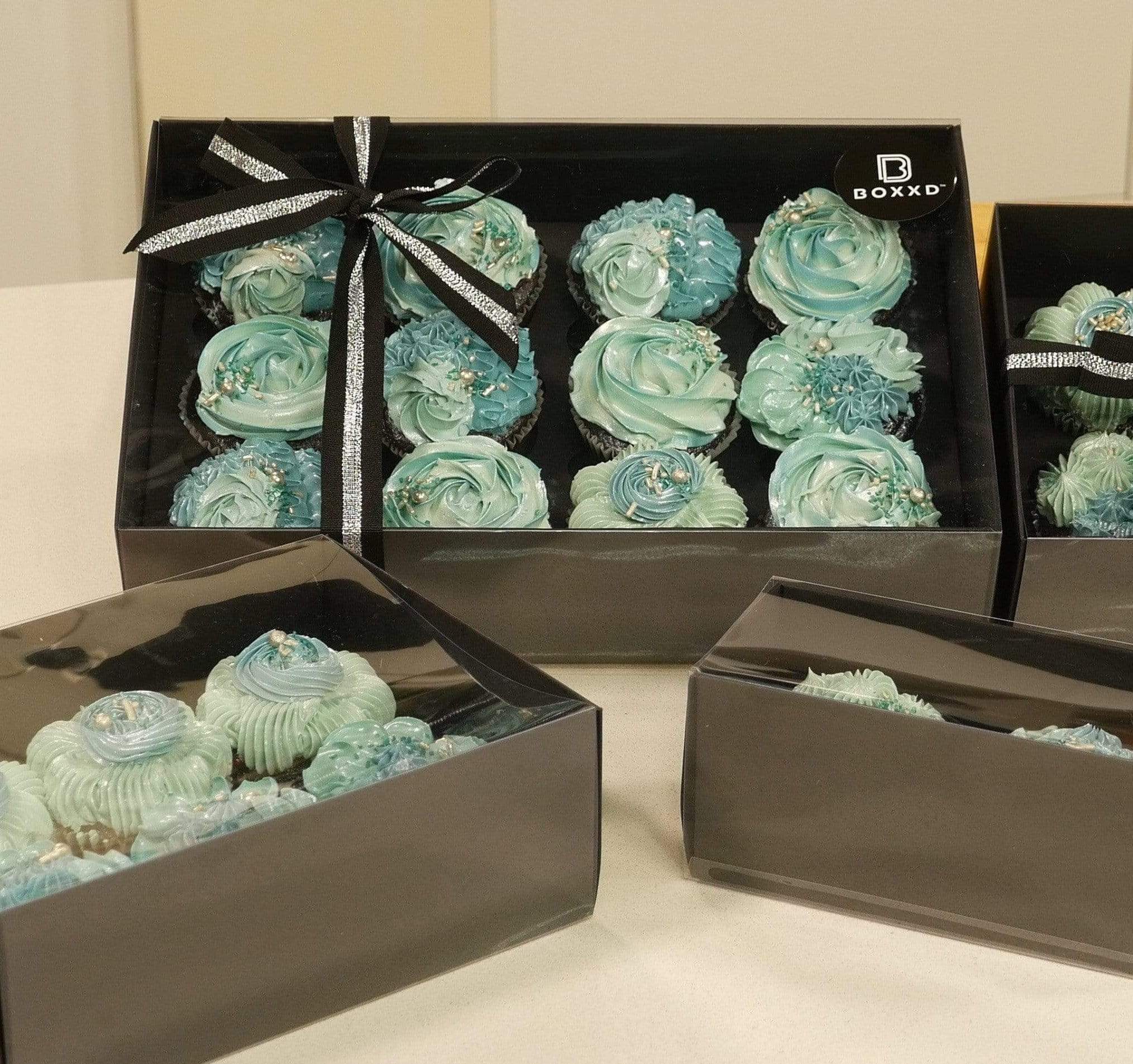 12 Regular Cupcake Boxes with Clear Slide Cover - Black Designer Range