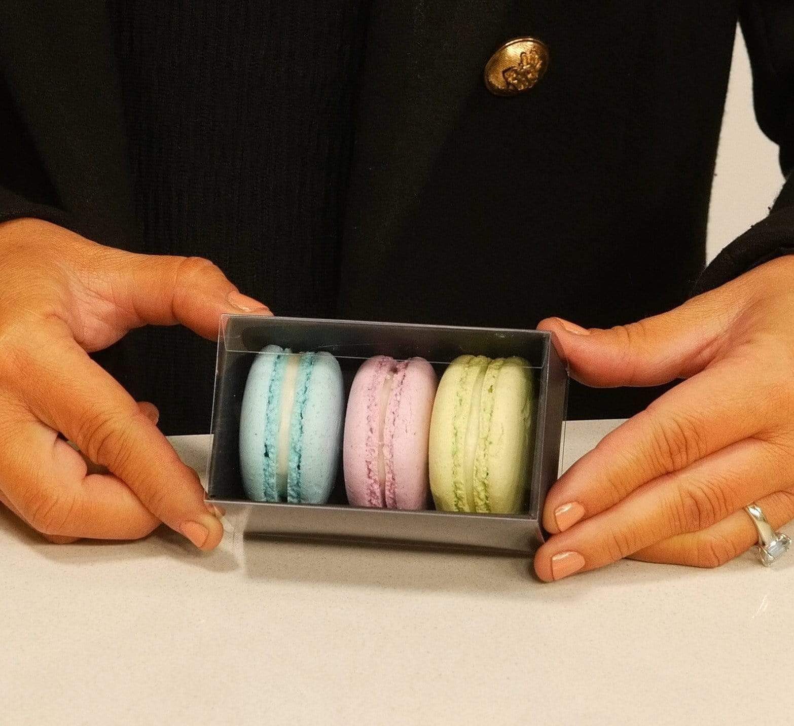 3 Macaron Dessert Box with Clear Slide Cover - Black Designer Range